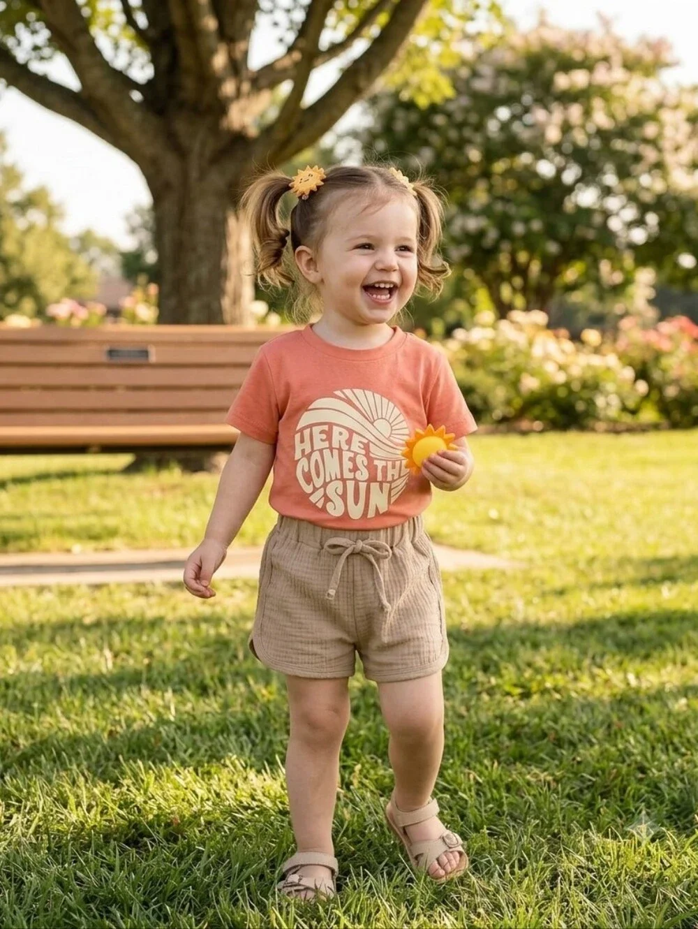 Retro Here Comes The Sun Short Set Sz 2T Peach Beige Muslin Gauze Neutral 2Pc